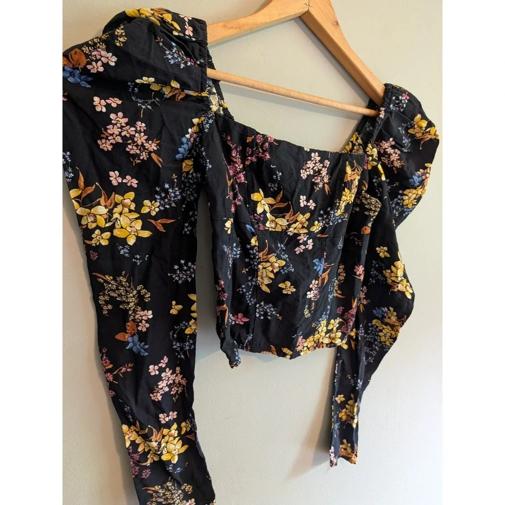 Abercrombie Fitch Black Floral Puff Sleeve Smocked Square Neck Top XS Whimsigoth